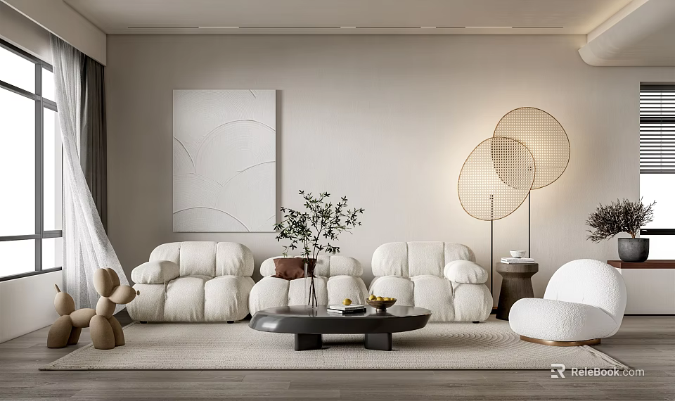 Modern Living Room Interior Design With Soft Sofa Abstract Painting Floor Lamps Black Coffee Table 3d model 