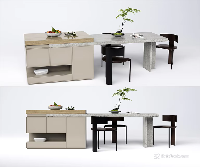 Modern Sleek Dining Table Set With Matching Chairs Decorative Plants And Fruit Platter 3d model