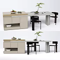 Modern Sleek Dining Table Set With Matching Chairs Decorative Plants And Fruit Platter 3d model