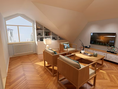 Cozy Attic Living Room With Herringbone Wood Floor Elegant Seats And Large Bright Window Design 3d model