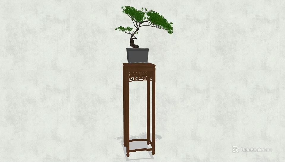 Bonsai Plant with Curved Trunk and Green Leaves on Brown Carved Wooden Stand 3d model 