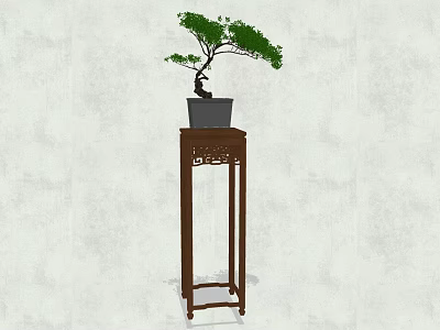 Bonsai Plant with Curved Trunk and Green Leaves on Brown Carved Wooden Stand 3d model