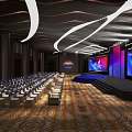 Modern Stage Design With Blue Circular Platform Steps Large Screens Colorful Graphics And Ceiling Lighting
