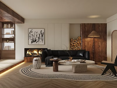 Modern Living Room Interior Design With Black Leather Sofa Fireplace Circular Rug And Wooden Decor 3d model