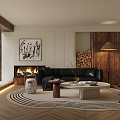 Modern Living Room Interior Design With Black Leather Sofa Fireplace Circular Rug And Wooden Decor
