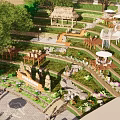 Rural Landscape With Terraced Green Areas Wooden Tables Thatched Pavilion White Umbrellas And Stone Paths