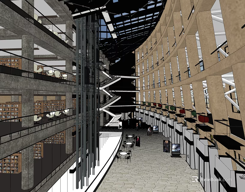 Spacious Shopping Mall Lobby With Multi Level Design Glass Ceiling And Escalators 3d model 