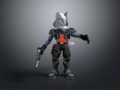 Gray Wolf Game Movie Character With Armored Suit Red Vest And Weapons 3d model