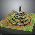 Stone Circular Tiered Structure With Square Base And Top Cylinder On Green Moss Covered Surface