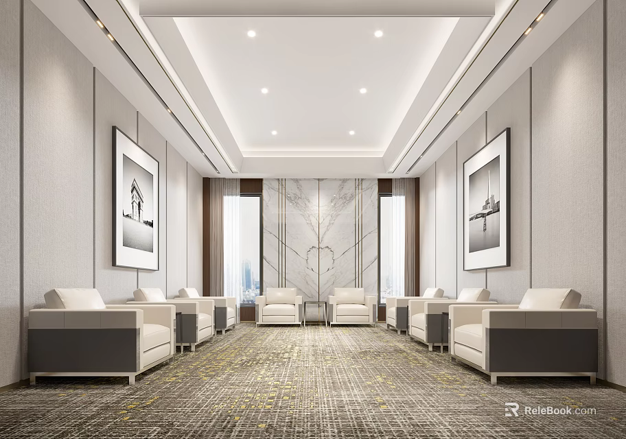 Modern Elegant Hotel Public Lounge Interior With Sofas Carpet Artworks And Ceiling Lights 3d model 