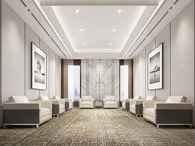 Modern Elegant Hotel Public Lounge Interior With Sofas Carpet Artworks And Ceiling Lights 3d model