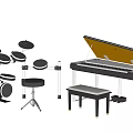 Piano And Drum Set With Stool For Music Practice And Performance 3d model