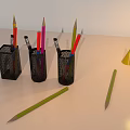 Desk Setup Featuring Desk Lamp Pen Holders Pencils Cone And Blue Sphere