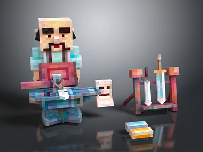 Pixel Style Workbench With Craftsman Tools And Sword Display Shelf 3d model