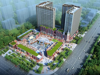 Modern Office Towers With Central Plaza Green Landscape And Surrounding Commercial Area 3d model