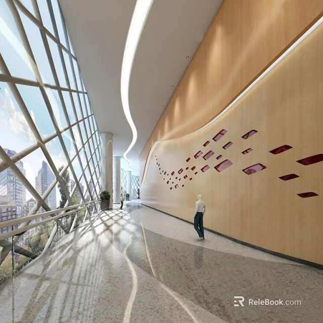 Modern Elevator Corridor Interior With Wooden Wall Glass Windows And Natural Light 3d model 