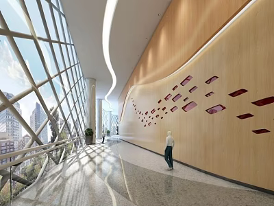 Modern Elevator Corridor Interior With Wooden Wall Glass Windows And Natural Light 3d model