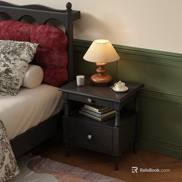 Dark Wooden Bedside Table With Table Lamp Teacup And Books Near Green Wall 3d model 