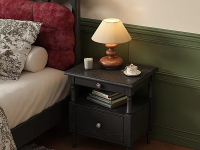 Dark Wooden Bedside Table With Table Lamp Teacup And Books Near Green Wall 3d model