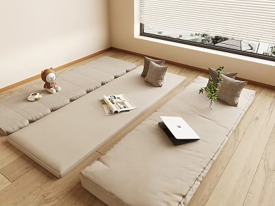 Comfortable Floor Cushions In Room With Toys Magazine Laptop And Plant 3d model
