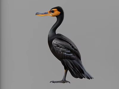 Black Feathered Cormorant With Orange Beak And Eyes Standing On Gray Background 3d model Black Feathered Cormorant With Orange Beak And Eyes Standing On Gray Background 3d model