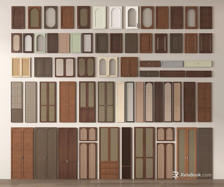 Assorted Wooden Door And Cabinet Styles Featuring Diverse Panel Patterns And Finishes 3d model