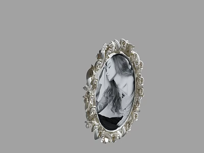 Silver Oval Photo Frame With Intricate Rose Decorations And Black White Portrait 3d model