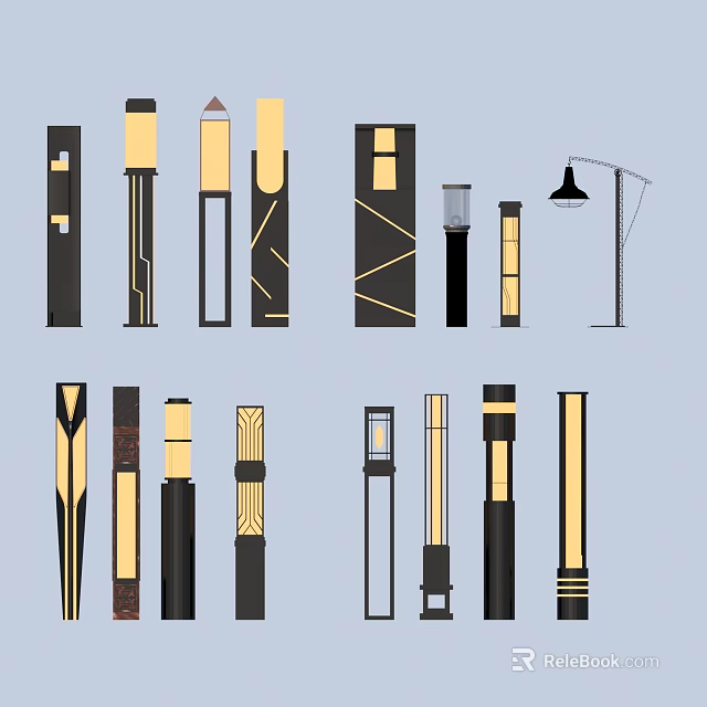 Modern Outdoor Street Lamps With Various Black And Gold Decorative Designs 3d model 