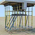 Construction Scaffolding Structure Supporting Concrete Platform With Yellow And Blue Poles In Open Site 3d model