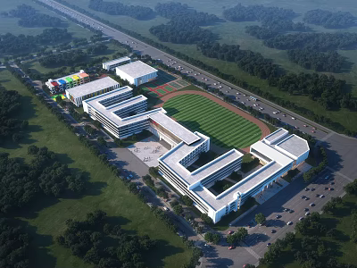 Modern School Buildings With Green Campus Playground Lush Trees And Roads 3d model