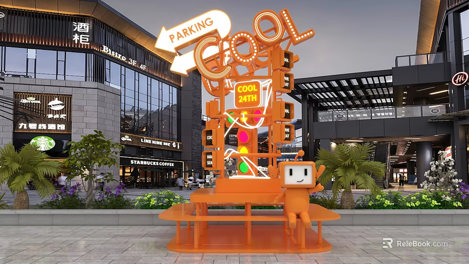 Cool 2024 Outdoor Installation With Parking Sign Bench And Cartoon Figure In Mall Area 3d model 