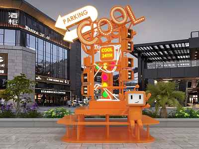 Cool 2024 Outdoor Installation With Parking Sign Bench And Cartoon Figure In Mall Area 3d model