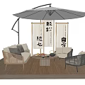 Comfortable Rattan Outdoor Sofa On Wooden Floor With Umbrella Coffee Table And Side Chairs