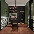 Stylish Living and Dining Room Interior With Brown Leather Sofa Green Armchair And Decorative Paintings