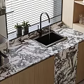 Modern Kitchen Interior With Wooden Cabinets Marble Countertop Sink And Plants On Windowsill