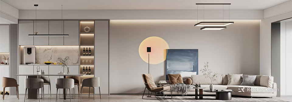 Modern Dining and Living Room Interior With Circular Wall Decor Floor Lamp And Abstract Painting 3d model 