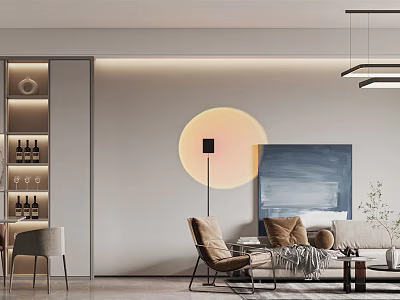 Modern Dining and Living Room Interior With Circular Wall Decor Floor Lamp And Abstract Painting 3d model