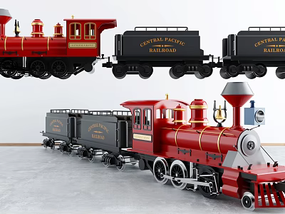 Electric Toy Train With Red Locomotive And Black Central Pacific Railroad Cars 3d model
