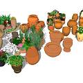 Assorted Ceramic Vessels In Different Sizes And Styles With Green Plants 3d model