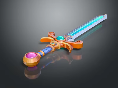 Detailed Fantasy Sword with Orange Hilt Blue Blade Pink Green Gems and Shiny Reflection 3d model