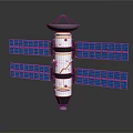 Orbital Satellite Equipment With Multiple Blue Solar Panels Main Body And Dome Antenna Structure