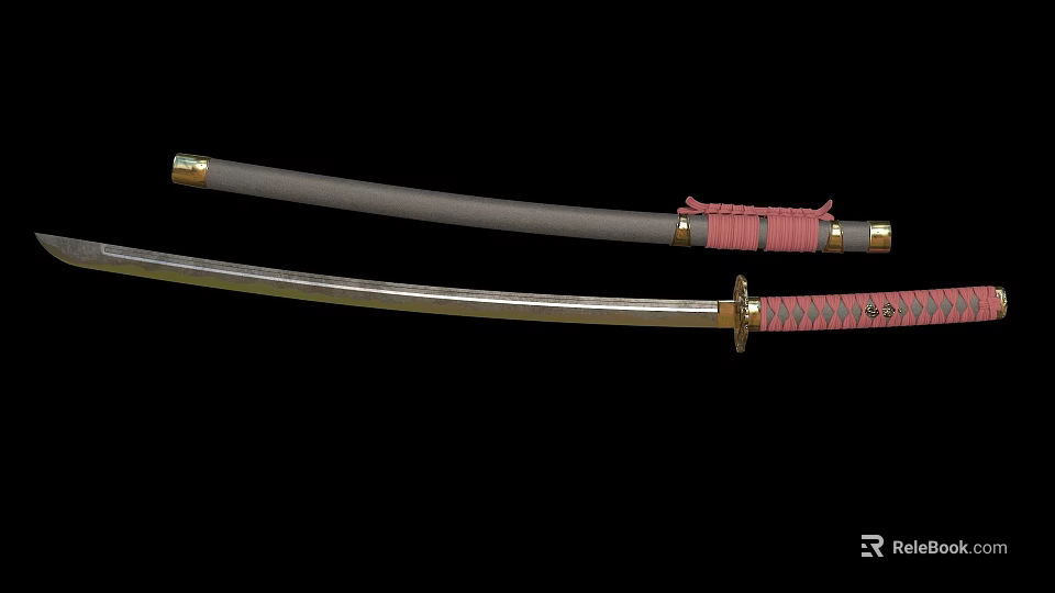 Japanese Samurai Sword Weapon With Curved Blade Gold Accents And Pink Wrapped Handle 3d model 
