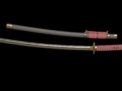 Japanese Samurai Sword Weapon With Curved Blade Gold Accents And Pink Wrapped Handle 3d model