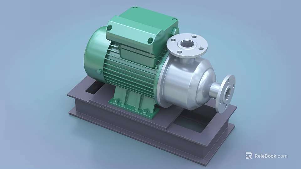 Industrial Electric Pump with Green Motor Stainless Steel Body and Flange Connection Mounted on Base 3d model 