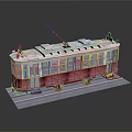 Model Tram With Snow Covered Top Red And Beige Body Blue Windows And Trolley Pole