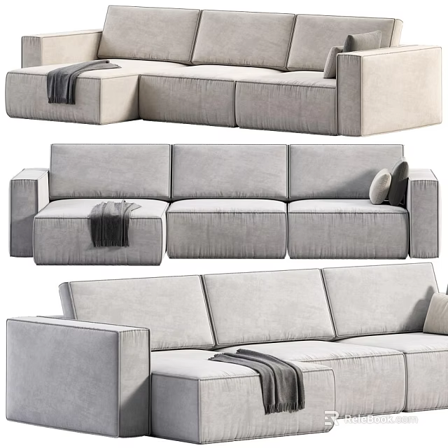 Modern Light Gray Sectional Sofa With Throw Blanket And Accent Pillow 3d model