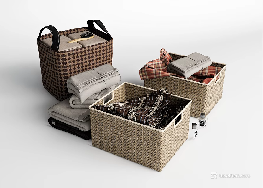 Multiple Woven Storage Baskets With Handles Holding Folded Clothes For Home Organization 3d model 