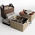Multiple Woven Storage Baskets With Handles Holding Folded Clothes For Home Organization