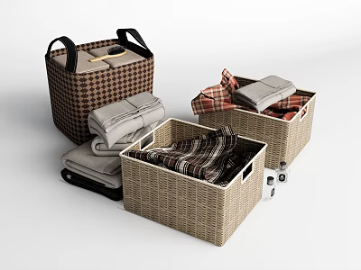 Multiple Woven Storage Baskets With Handles Holding Folded Clothes For Home Organization 3d model