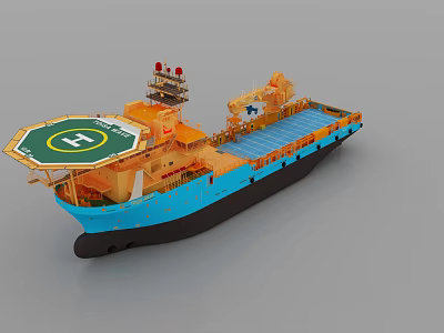 Modern Warship Model With Blue Hull Orange Deck Green Platform Radar Mast And Equipment 3d model